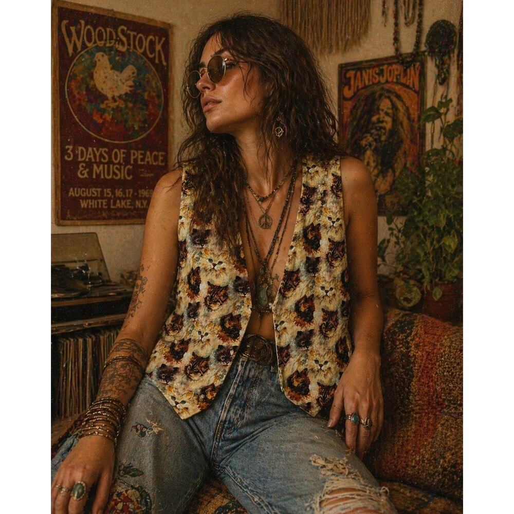 VTG Hiphanis Vest Quirky Cats Novelty Cotton 90s Grunge Hippie Boho Festival L